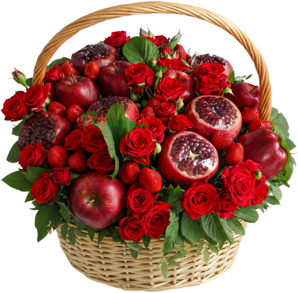 Корзина «Яркая и сладкая» с розами, клубникой и гранатами 